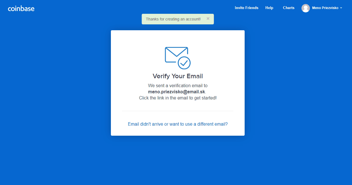 CoinBase verifikácia emailu